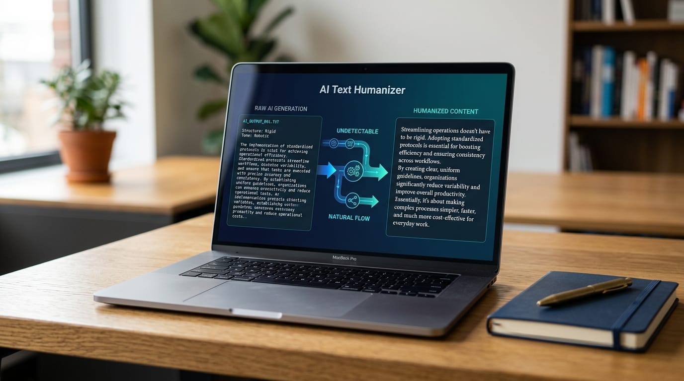 Laptop screen showing AI text transformation pipeline from raw generation to humanized natural writing