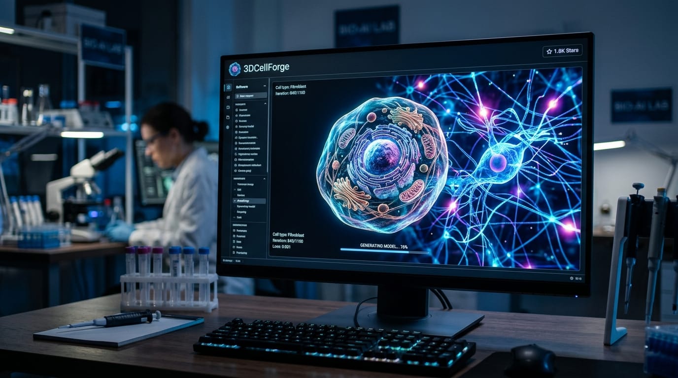 3D cell model generated by AI on computer screen with neural network visualization