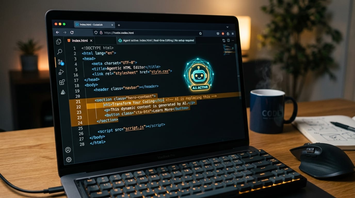 HTML code being edited by AI agent in browser with glowing agent icon and dark mode editor
