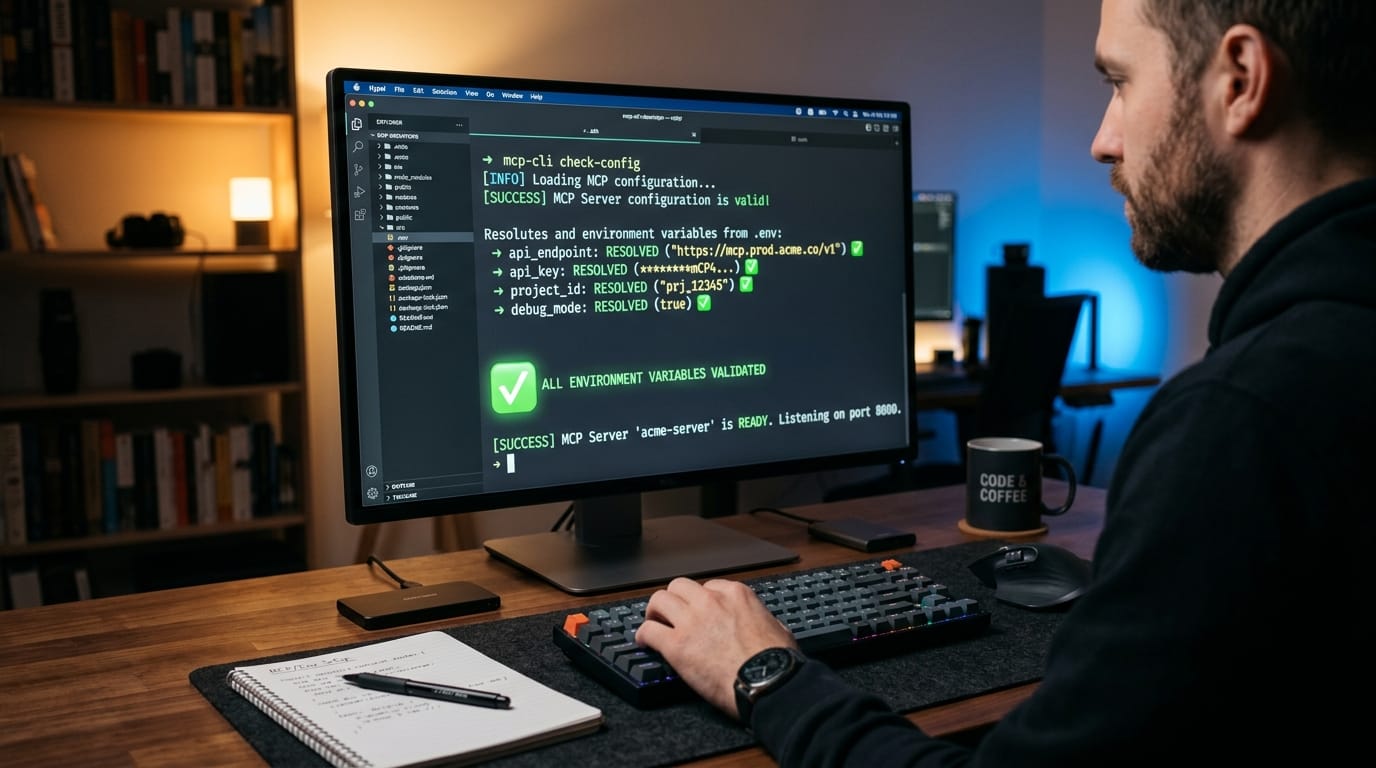 Terminal window showing MCP server config with environment variables being fixed and validated