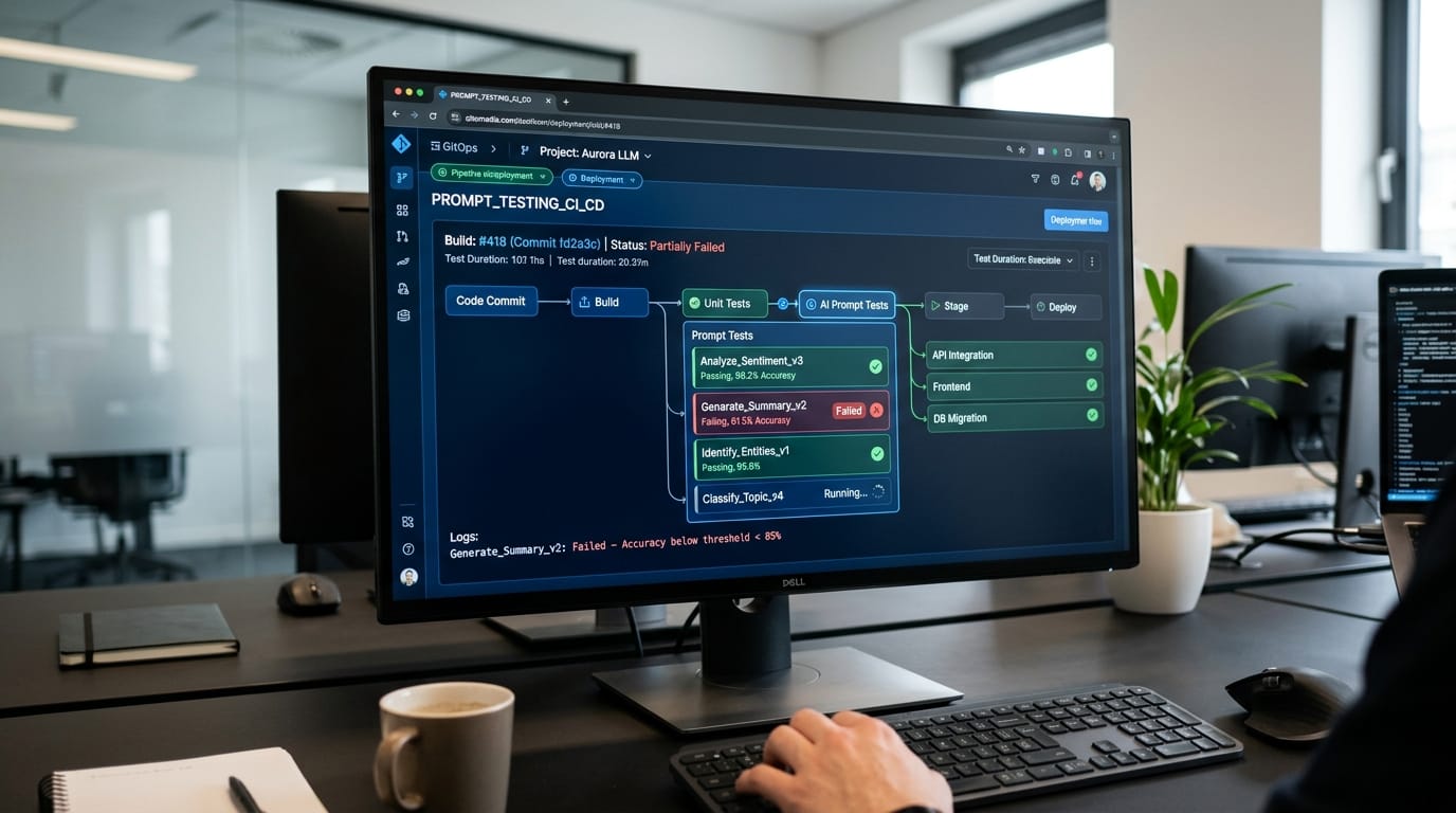 CI/CD pipeline dashboard with automated AI prompt testing integrated in deployment workflow