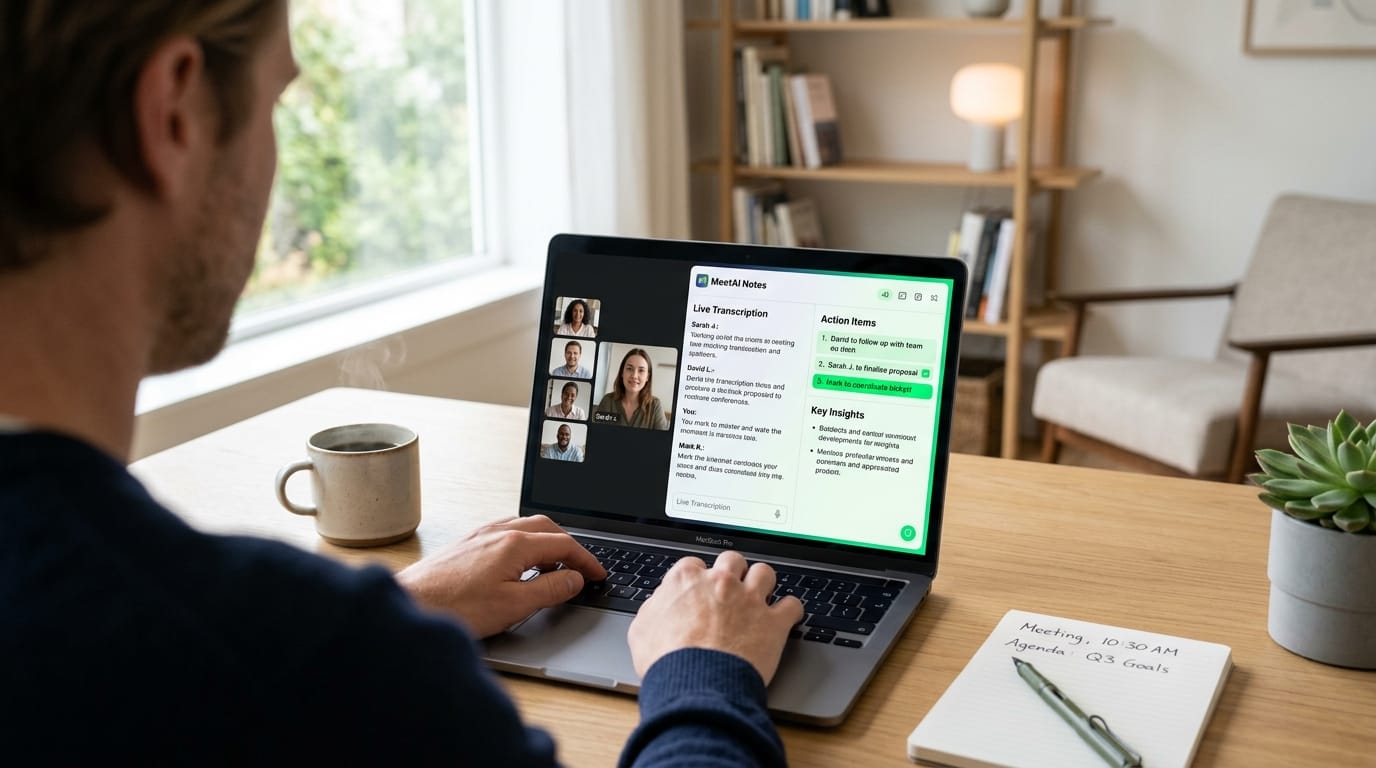 AI meeting notes application with real-time transcription and action items during video conference
