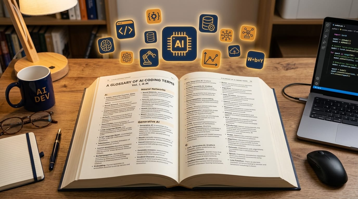 Open dictionary book with AI coding terms and definitions alongside laptop in warm study