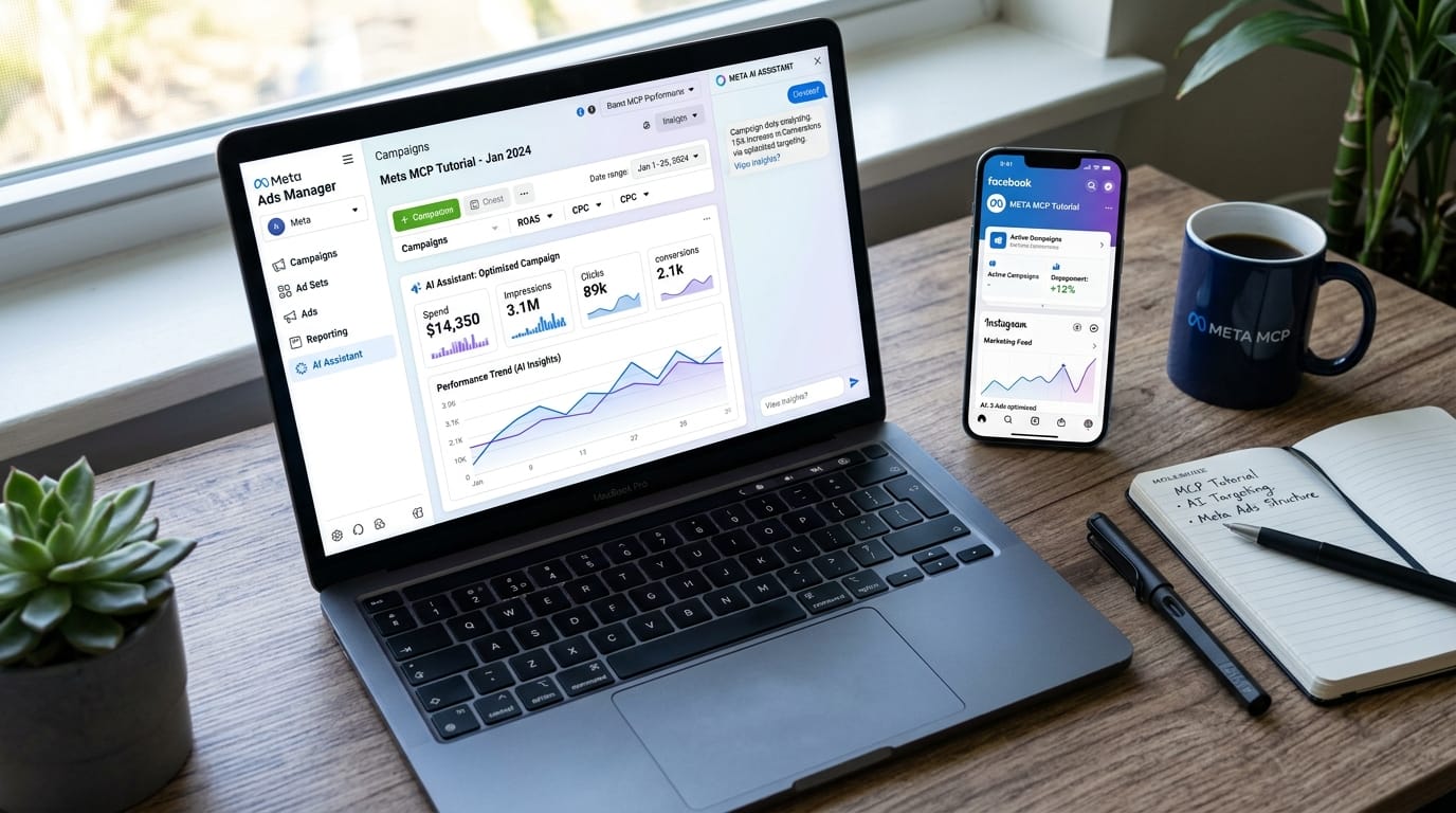 Meta Ads campaign dashboard on laptop with smartphone showing Facebook and Instagram analytics