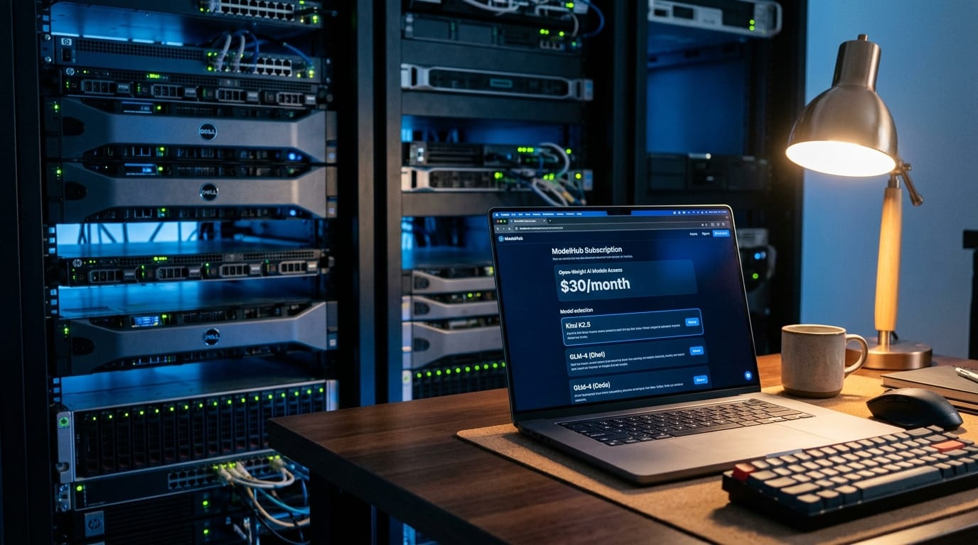 Server room infrastructure with laptop showing open-weight AI model subscription at 30 dollars monthly