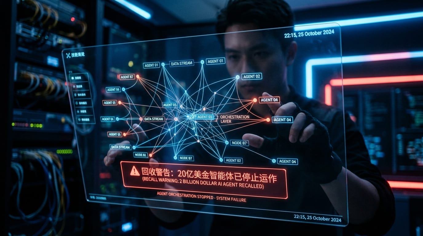 AI agent architecture network diagram with autonomous nodes representing Chinese 2 billion dollar agent platform