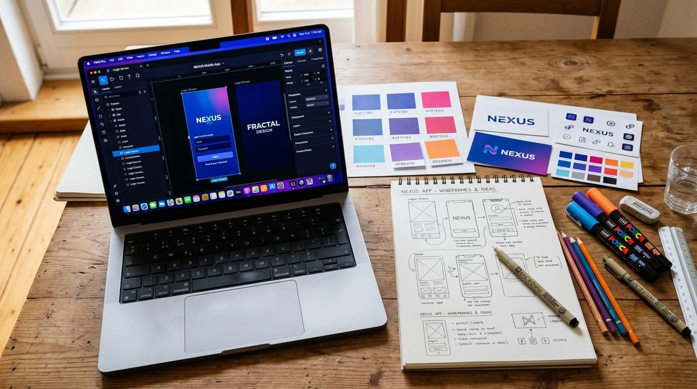 Design tool interface mockup on laptop with physical creative materials