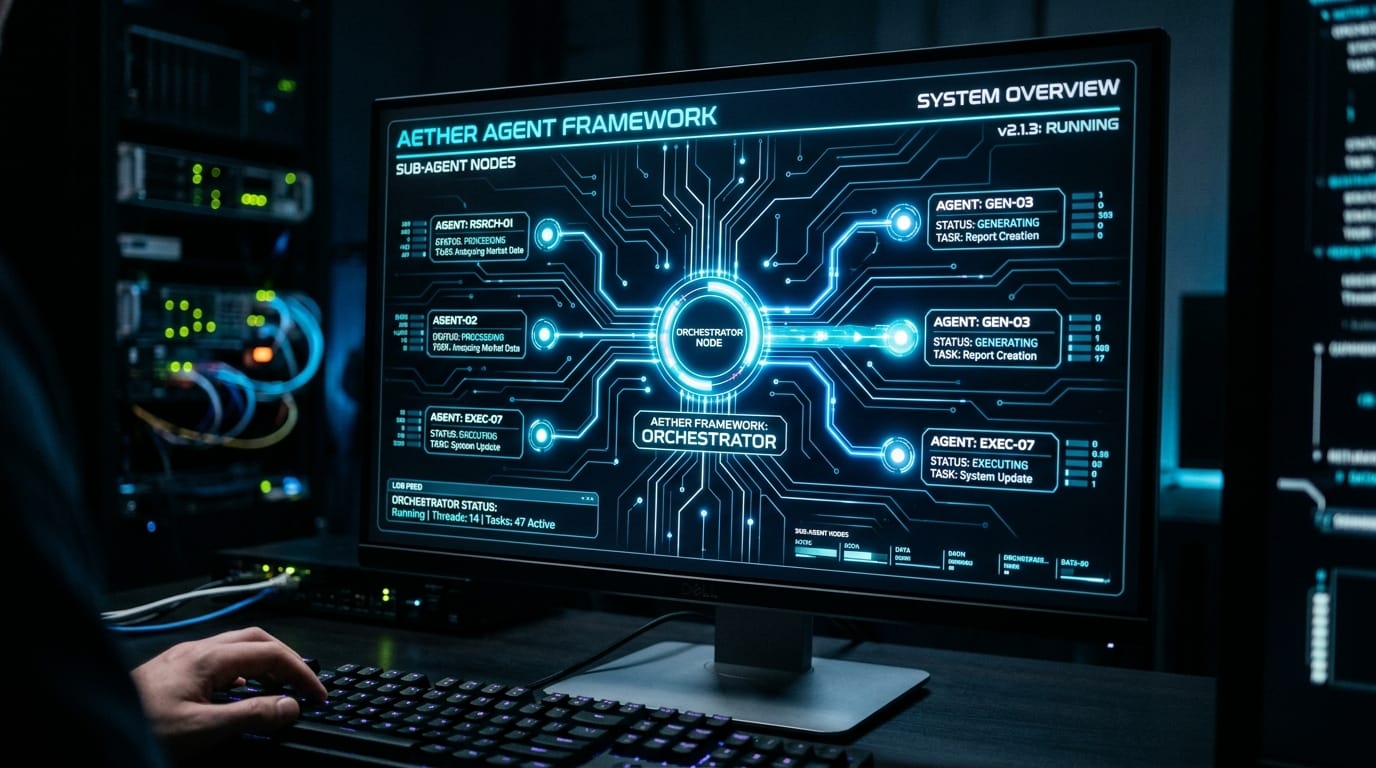 Autonomous AI agent framework with orchestrator node connected to multiple sub-agents on dark screen