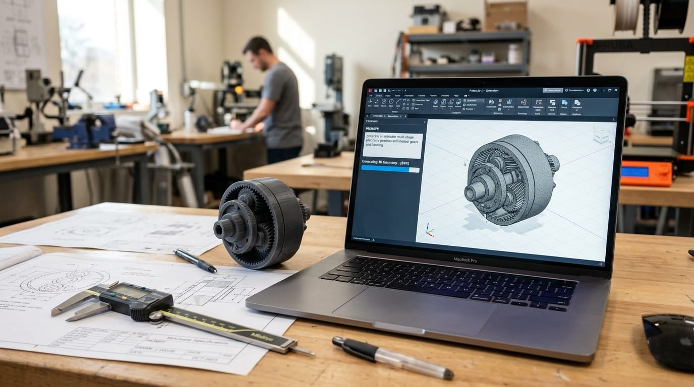 CAD software on laptop transforming text prompt into 3D model with caliper and 3D printed prototype
