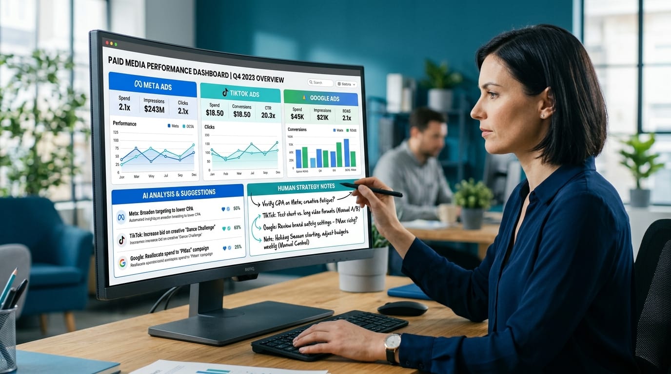 Multi-platform ads dashboard comparing Meta TikTok and Google with AI analysis and human strategy