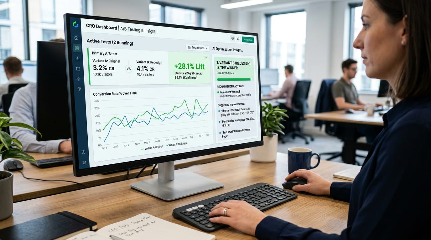 A/B testing and conversion rate optimization dashboard with AI recommendations and test results