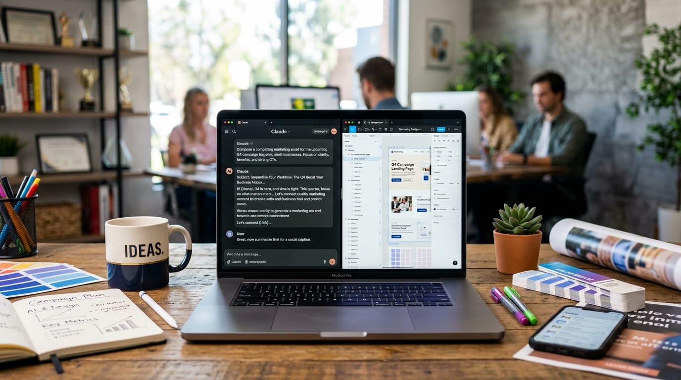 Split screen comparison between Claude AI and Figma design tool for marketing content creation