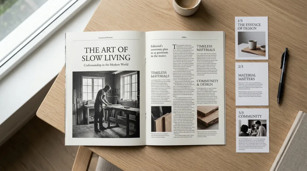 Open editorial magazine spread illustrating the Guizang skill's Editorial visual system