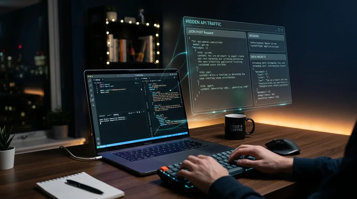 Developer workspace at night with laptop showing code and holographic API traffic inspection panels floating above the screen, representing ccglass debugging capabilities.
