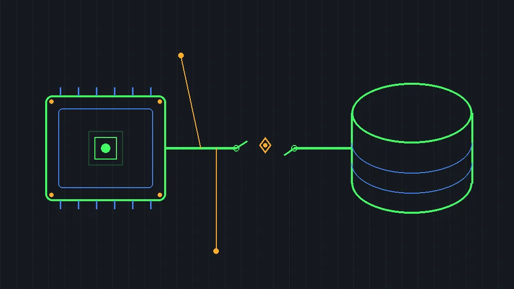 Retro-terminal circuit schematic of an agent node wired to a database block with one severed trace