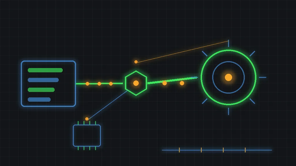 Retro-terminal circuit schematic of a thick token stream entering a router node that splits it, one thin trace looping to a small cheap chip and the heavy trace continuing to a large processor core, amber signal dots along the rails
