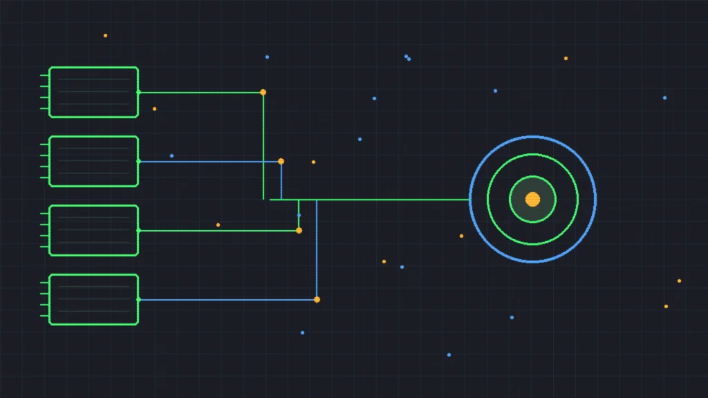 Retro-terminal circuit schematic of small memory blocks feeding one glowing core through green and blue traces
