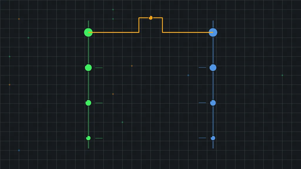 Retro-terminal circuit schematic of two parallel model-ladder rails with tier nodes, joined by a converging amber trace