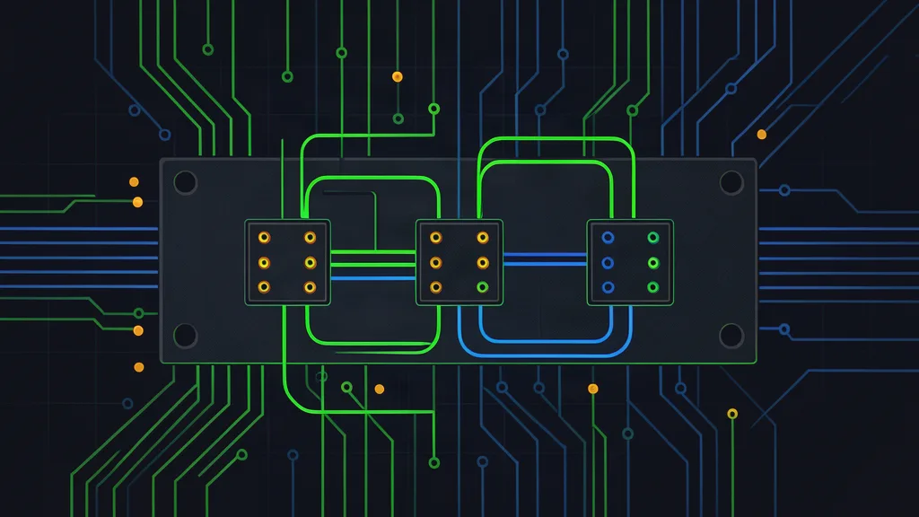 Retro-terminal circuit schematic of a modular patch-bay panel with three small square port modules linked by glowing traces