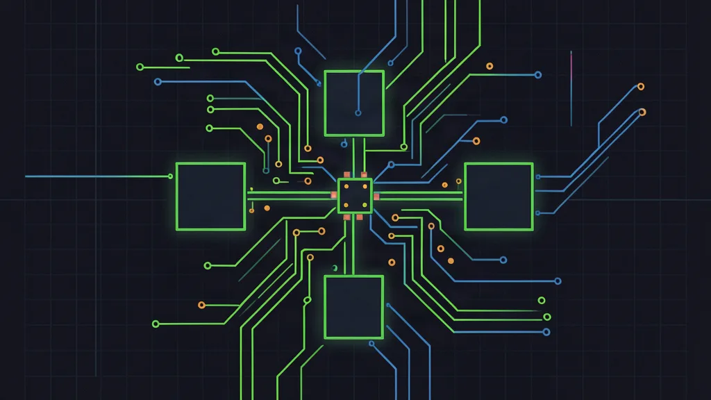 Retro-terminal circuit schematic of one small hub node linked to four blank tool modules by glowing traces