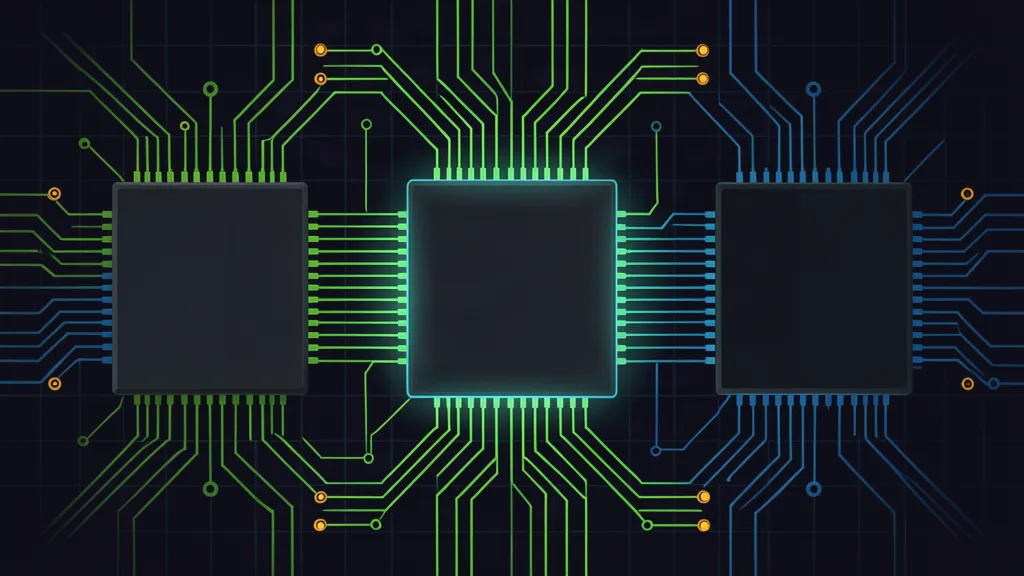 Retro-terminal circuit schematic of three blank processor modules linked by glowing traces