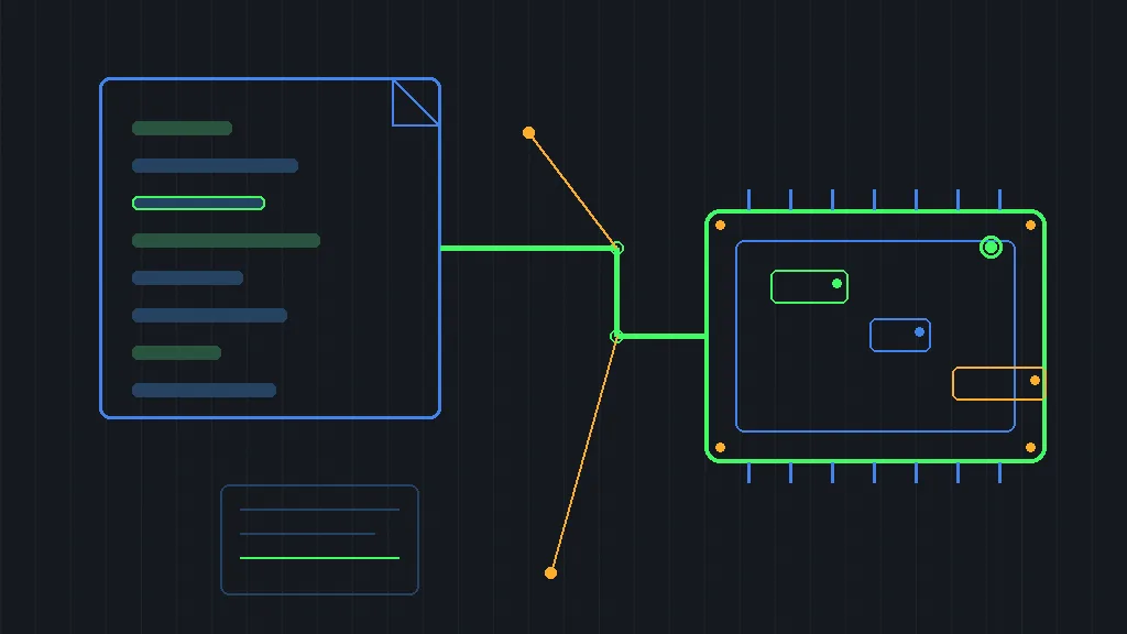 Retro-terminal circuit schematic of a document panel wired into an office-suite chip