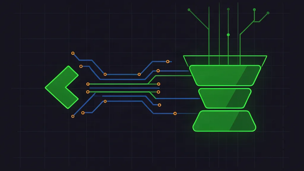 Retro-terminal circuit schematic of a chat prompt feeding an ad funnel