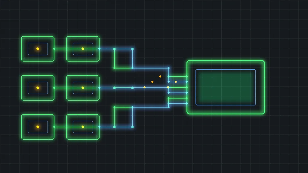 Retro-terminal circuit schematic of a skills marketplace grid feeding one glowing agent core through green and blue traces