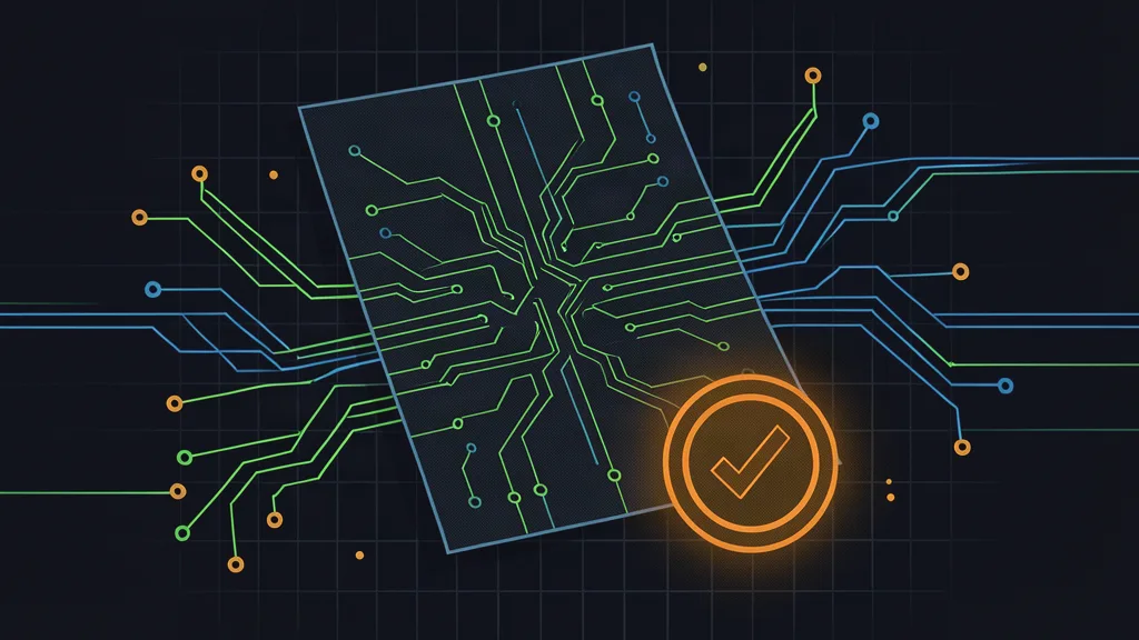 Retro-terminal circuit schematic of a document with a compliance stamp and glowing nodes