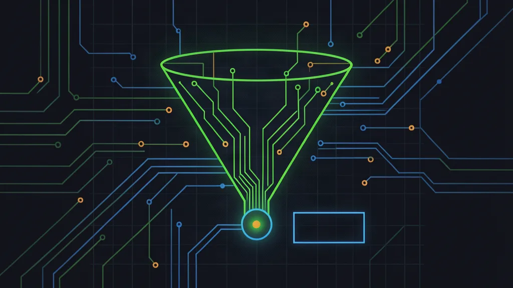Retro-terminal circuit schematic of an ad funnel feeding a glowing decision node