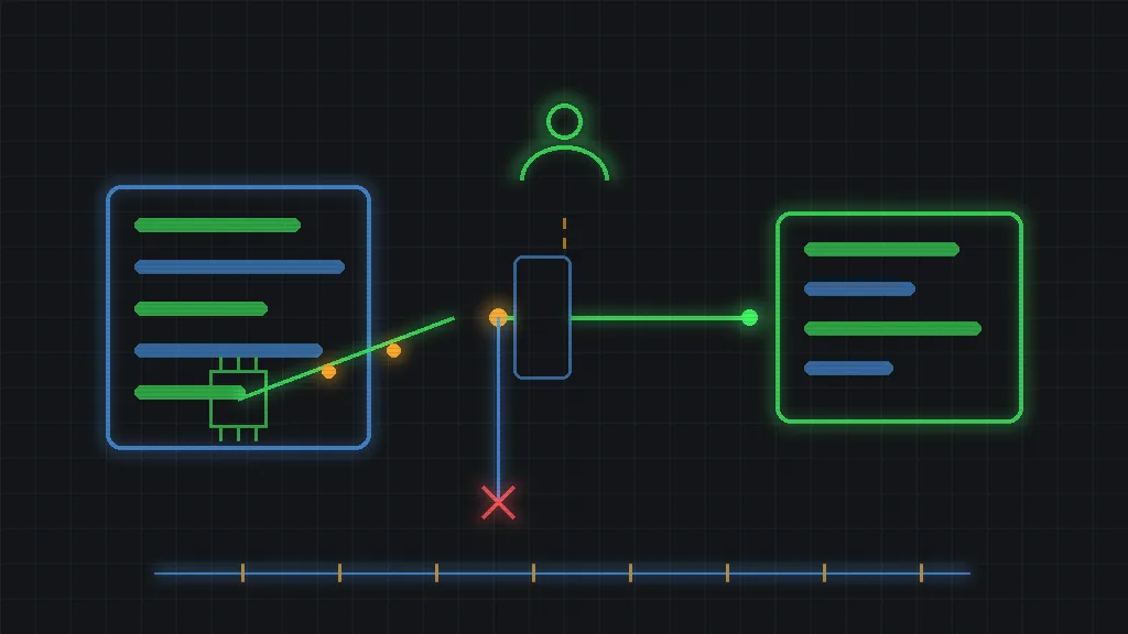 Retro-terminal circuit schematic of an agent panel feeding a gated trace through a human review icon to an output panel, with a blocked branch dead-ending at a warning node