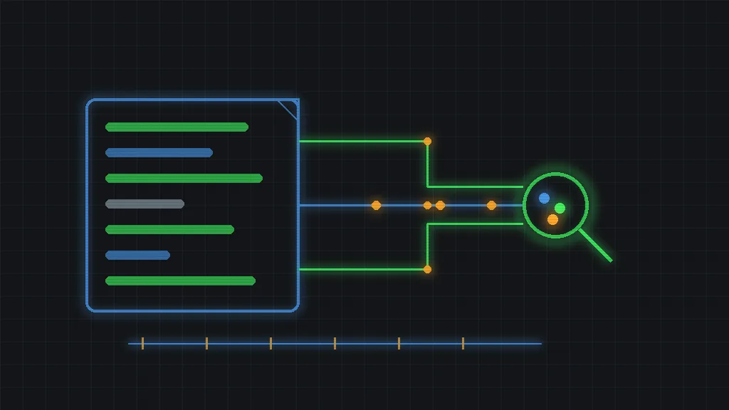 Retro-terminal circuit schematic of a markdown file feeding glowing traces toward a search node on a dark grid