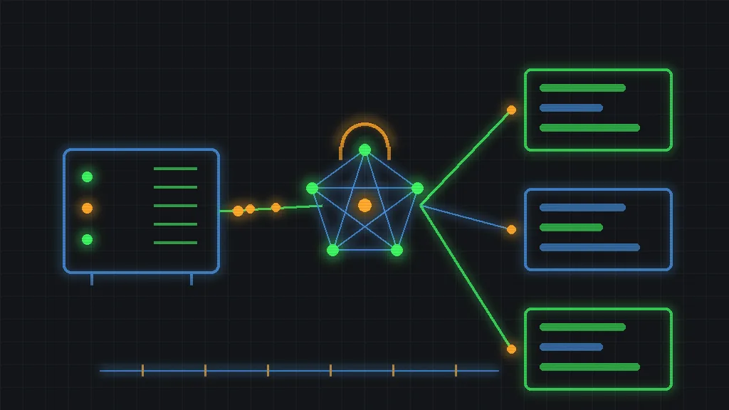 Retro-terminal circuit schematic of a small server box feeding one glowing trace through a private mesh of nodes to three terminal panels, amber signal dots on the rails