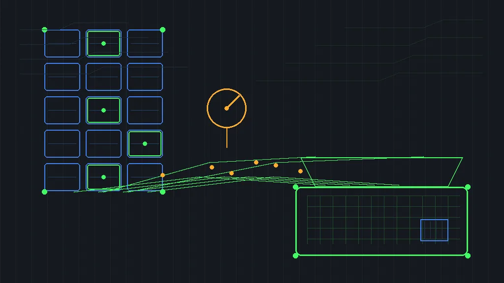 Retro-terminal circuit schematic of a tall stack of memory blocks streaming thin glowing traces down into a compact laptop-shaped circuit board, terminal green and schematic blue traces on a dark grid with amber signal dots