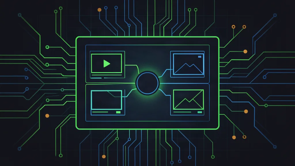 Retro-terminal circuit schematic of an ad creative canvas with glowing generation nodes