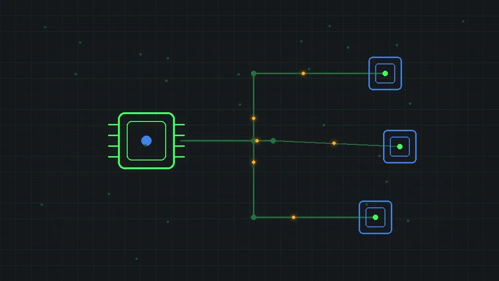 Retro-terminal circuit schematic of one central node fanning traces out to three smaller nodes with amber signal dots