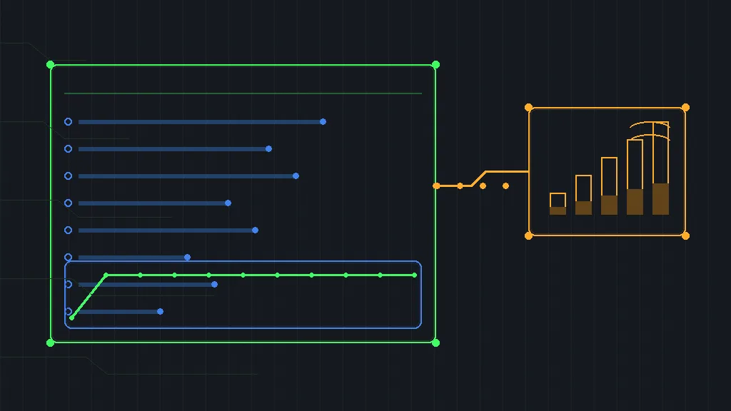 Retro-terminal circuit schematic of an SEO dashboard panel with keyword nodes, rank-tracking traces and an amber data feed arriving from a separate credit-meter block