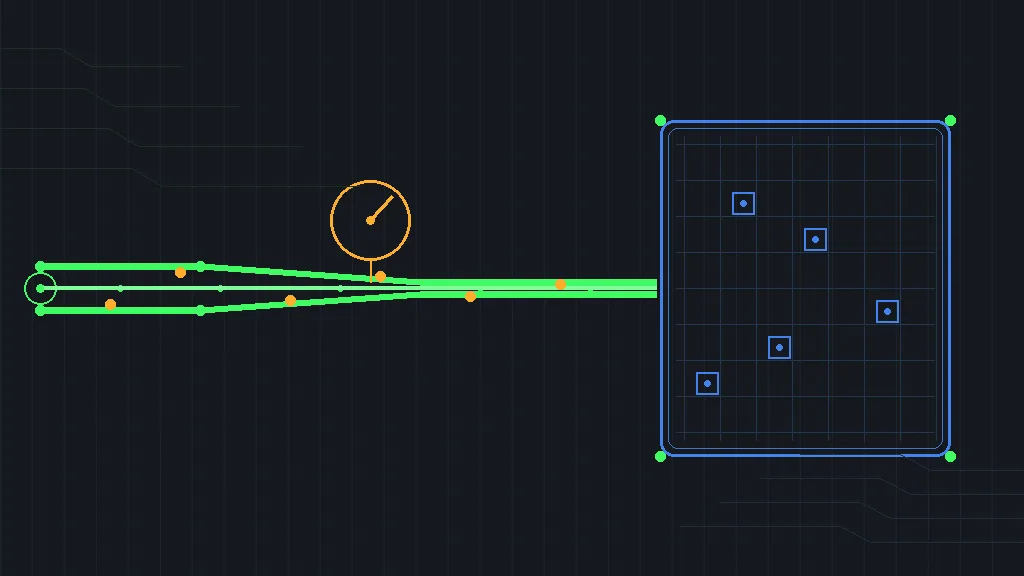 Retro-terminal circuit schematic of a thick glowing data stream tapering into a narrow rail that feeds a large wafer-scale chip block, with a small amber dial gauge mounted on the line, terminal green and schematic blue traces on a dark grid with amber signal dots