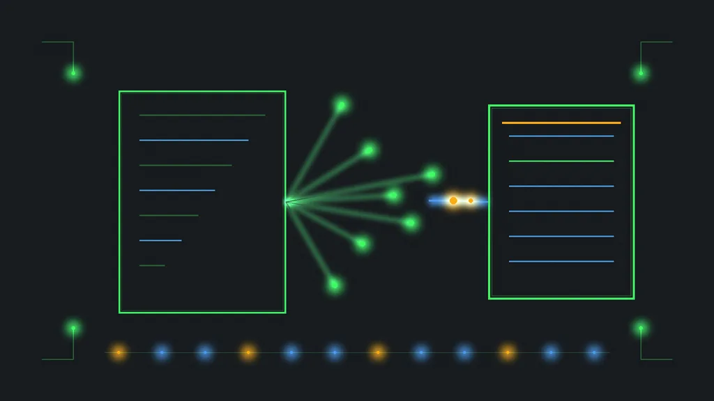 Retro-terminal circuit schematic of a document panel dissolving into scattered nodes beside a solid intact panel, with a glowing detection trace between them and amber signal dots