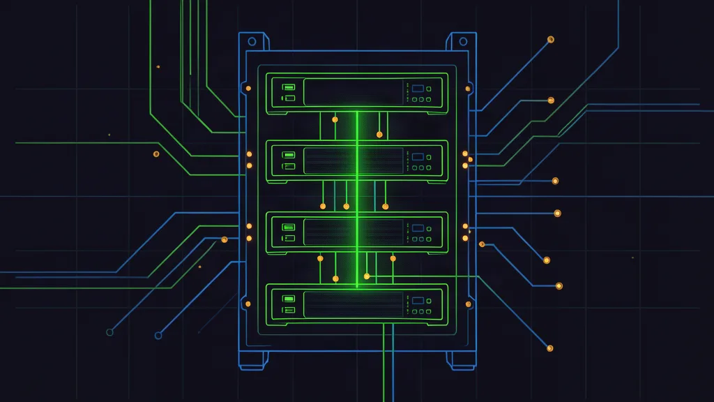 Retro-terminal circuit schematic of a four-tier server rack with a descending green signal path and amber nodes