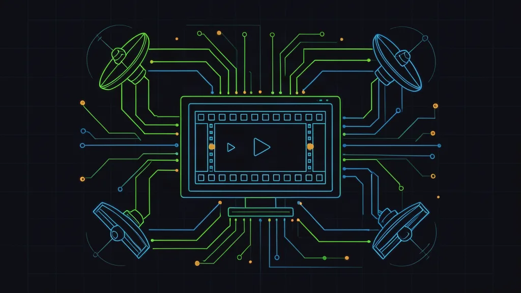 Retro-terminal circuit schematic of a video ad studio panel with generation nodes and signal traces