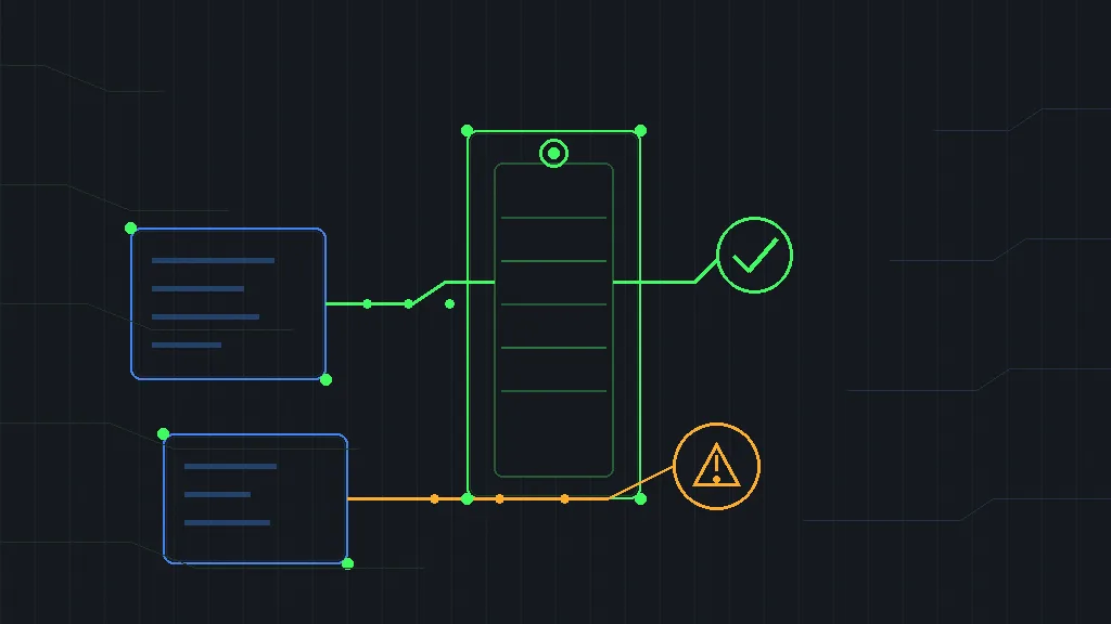 Retro-terminal circuit schematic of a scanning gate: a skill file passing a checkpoint arch of green traces while a flagged file branches to an amber alert node