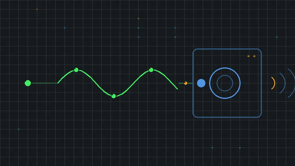Retro-terminal circuit schematic of a glowing waveform rail feeding a speaker node block, terminal green and schematic blue traces on a dark grid with amber signal dots