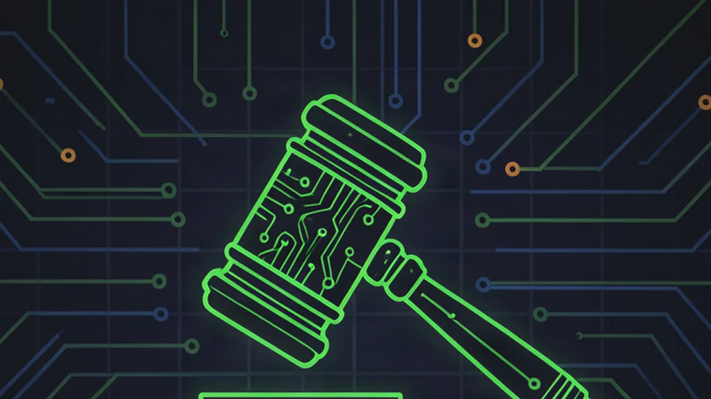 Retro-terminal circuit schematic of a gavel built from glowing circuit traces on a dark grid, the auction bidding signal drawn as a green waveform